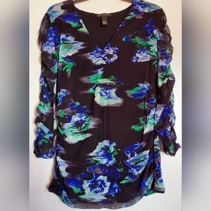INC Floral Print V-Neck Runched Blouse with Blue and Green Accents
